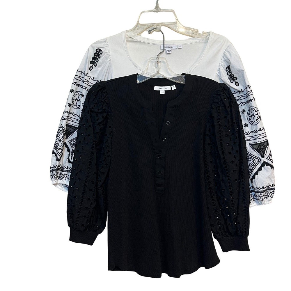 Chicos Lot of 2 Tops White Embroidered Sleeve & Black Eyelet Sleeve Size 0 Small